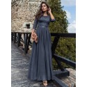  Floral Lace Bodice Ribbon Waist Pleated Prom Dress