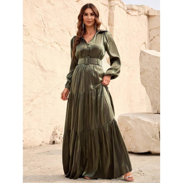 Lantern Sleeve Ruffle Hem Belted Dress