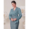 SHEIN Modely Shawl Collar Lantern Sleeve Sequin Wrap Knot Side Dress