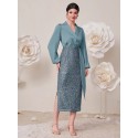 SHEIN Modely Shawl Collar Lantern Sleeve Sequin Wrap Knot Side Dress