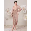 SHEIN Modely Shawl Collar Lantern Sleeve Sequin Wrap Knot Side Dress