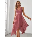 EVER-PRETTY V Neck Contrast Lace Asymmetrical Hem Semi-Formal Dress