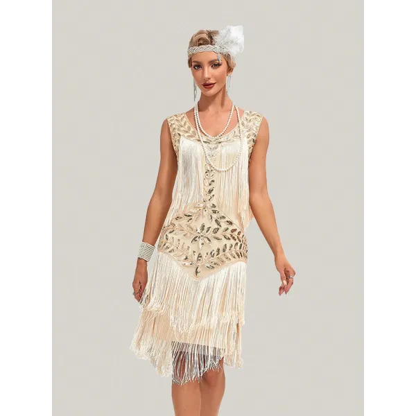 1pc Sequin Plants Fringe Hem Tank Dress