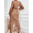 SHEIN Modely Flounce Sleeve Mermaid Hem Guipure Lace Prom Dress