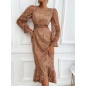 SHEIN Modely Flounce Sleeve Mermaid Hem Guipure Lace Prom Dress