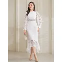 SHEIN Modely Flounce Sleeve Mermaid Hem Guipure Lace Prom Dress
