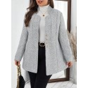 Frenchy Plus Size Herringbone Pattern Long Sleeve Wool Coat