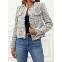  Plaid Pattern Raw Trim Flap Detail Tweed Jacket
