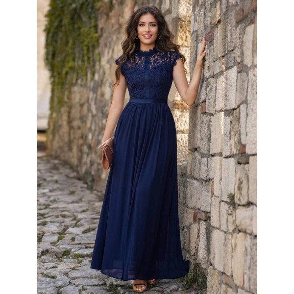  Ribbon Detail Contrast Lace Bodice Chiffon Formal Maxi Dress