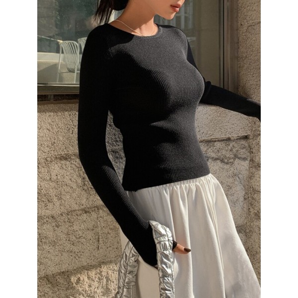  Solid Ribbed Knit Sweater